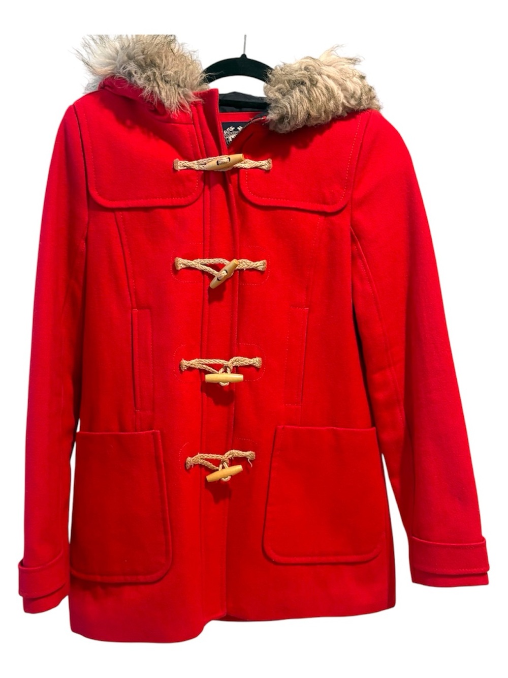 American Eagle Outfitters Jacket Wool Blend Duffle Coat M Red Faux Fur Hooded